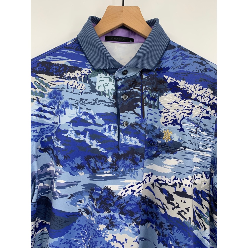 Greyson Polo Shirt Mens Large Blue Landscape Trees Mountains Performance Golf